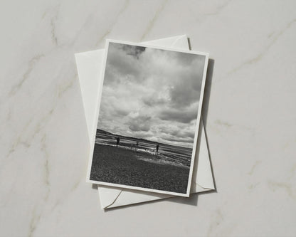Black White Beach Card, Coastal Figures Greeting Card, Moody Sky Seaside A6 Card