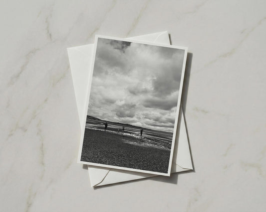 Black White Beach Card, Coastal Figures Greeting Card, Moody Sky Seaside A6 Card