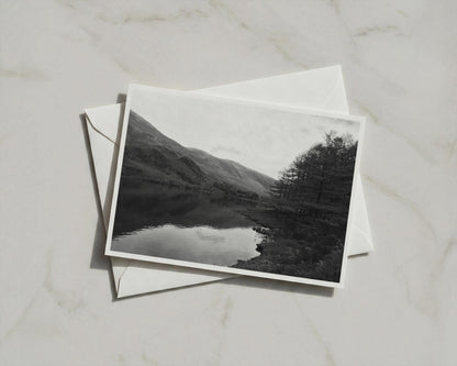 Lake District Landscape Poster, Black and White Mountain Lake Framed-Print, Monochrome Trees Reflection Wall Art, Moody British Countryside