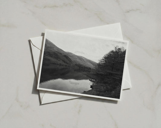 Lake District Landscape Poster, Black and White Mountain Lake Framed-Print, Monochrome Trees Reflection Wall Art, Moody British Countryside