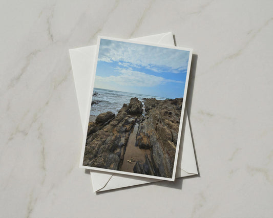 Rocky Coastline Card, Coastal Landscape, Seaside Rock Pools, Blue Sky Ocean A6 Card