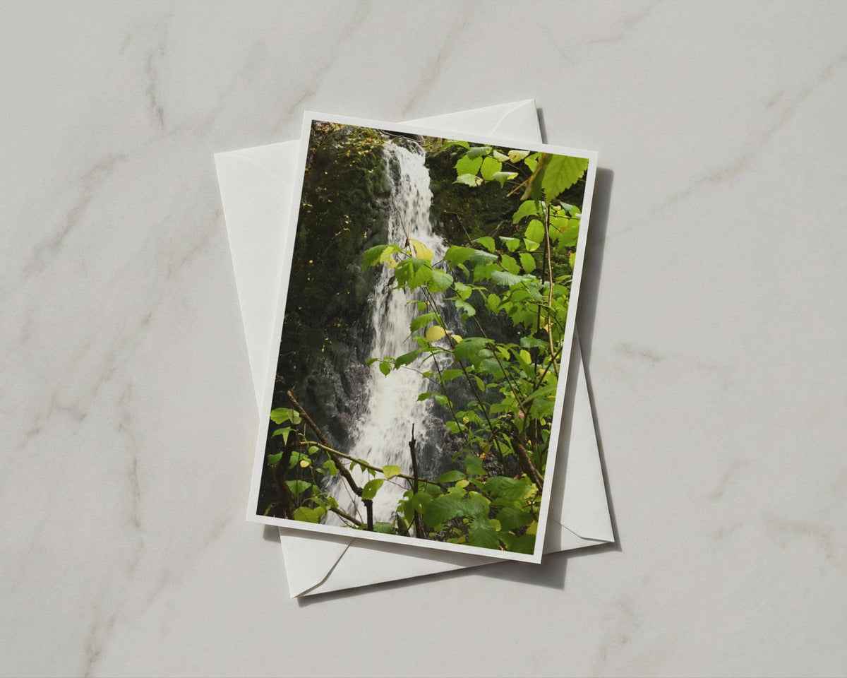 Woodland Waterfall Greeting Card, Forest Nature Card, Green Trees Photo Card