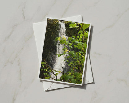 Woodland Waterfall Greeting Card, Forest Nature Card, Green Trees Photo Card