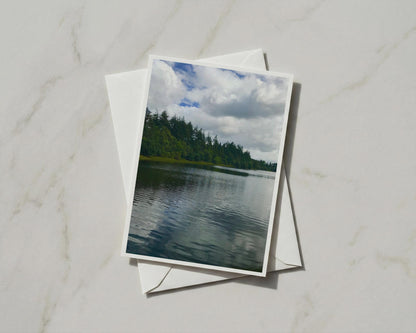 Lake  Forest Landscape Card, Woodland Loch Nature Scene, Cloudy Sky Reflection