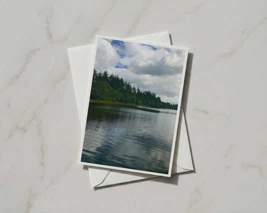 Lake  Forest Landscape Card, Woodland Loch Nature Scene, Cloudy Sky Reflection