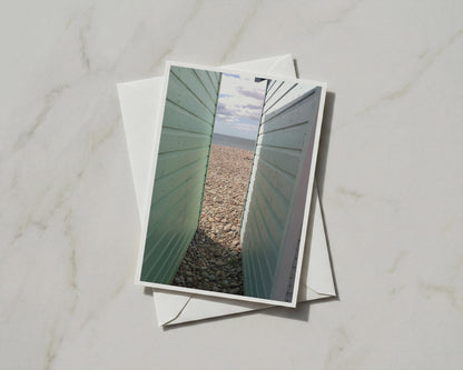 Beach Hut Pebble Shore Card, Coastal Seaside Greeting Card, Mint Green Huts Sea View