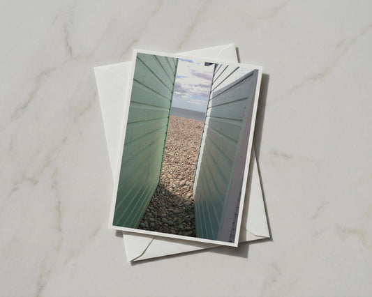 Beach Hut Pebble Shore Card, Coastal Seaside Greeting Card, Mint Green Huts Sea View