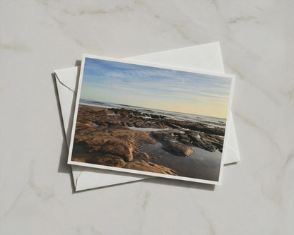Rocky Beach Coastal Card, Seaside Rock Pools at Low Tide, Ocean Sunset Greeting Card