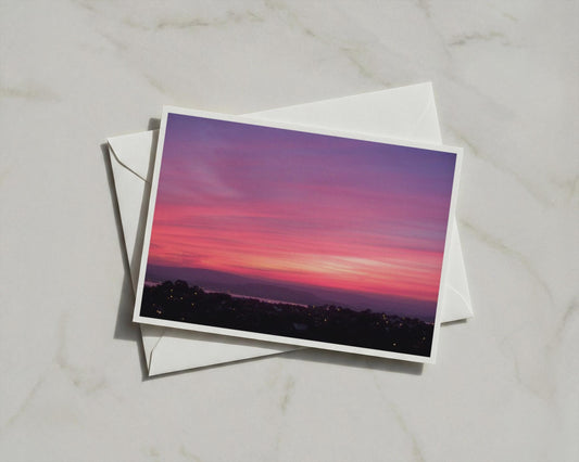 Dawn Dusk Landscape Card, Pink Purple Sunset Sky, Coastal Town Greeting Card