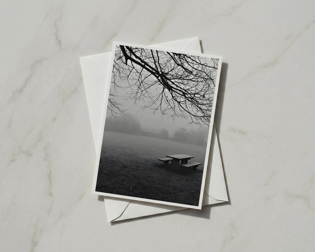 Misty Park Scene Card, Bare Tree Branches, Moody Black and White Nature Greeting Card