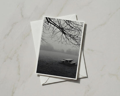 Misty Park Scene Card, Bare Tree Branches, Moody Black and White Nature Greeting Card