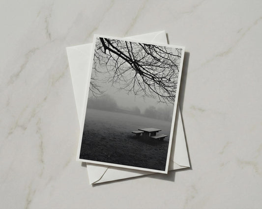 Misty Park Scene Card, Bare Tree Branches, Moody Black and White Nature Greeting Card