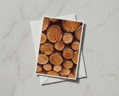 Stacked Logs Greetings Card, Tree Rings Photography, Rustic Woodland Nature Card