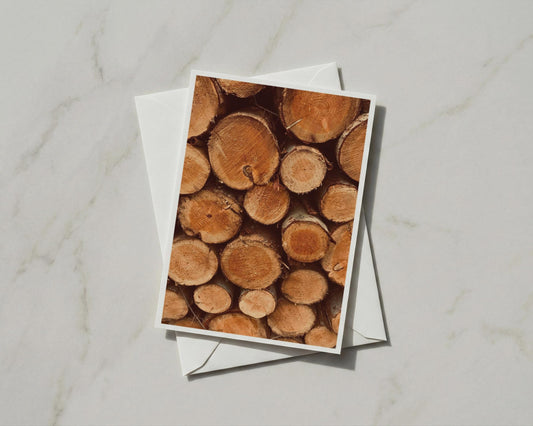 Stacked Logs Greetings Card, Tree Rings Photography, Rustic Woodland Nature Card