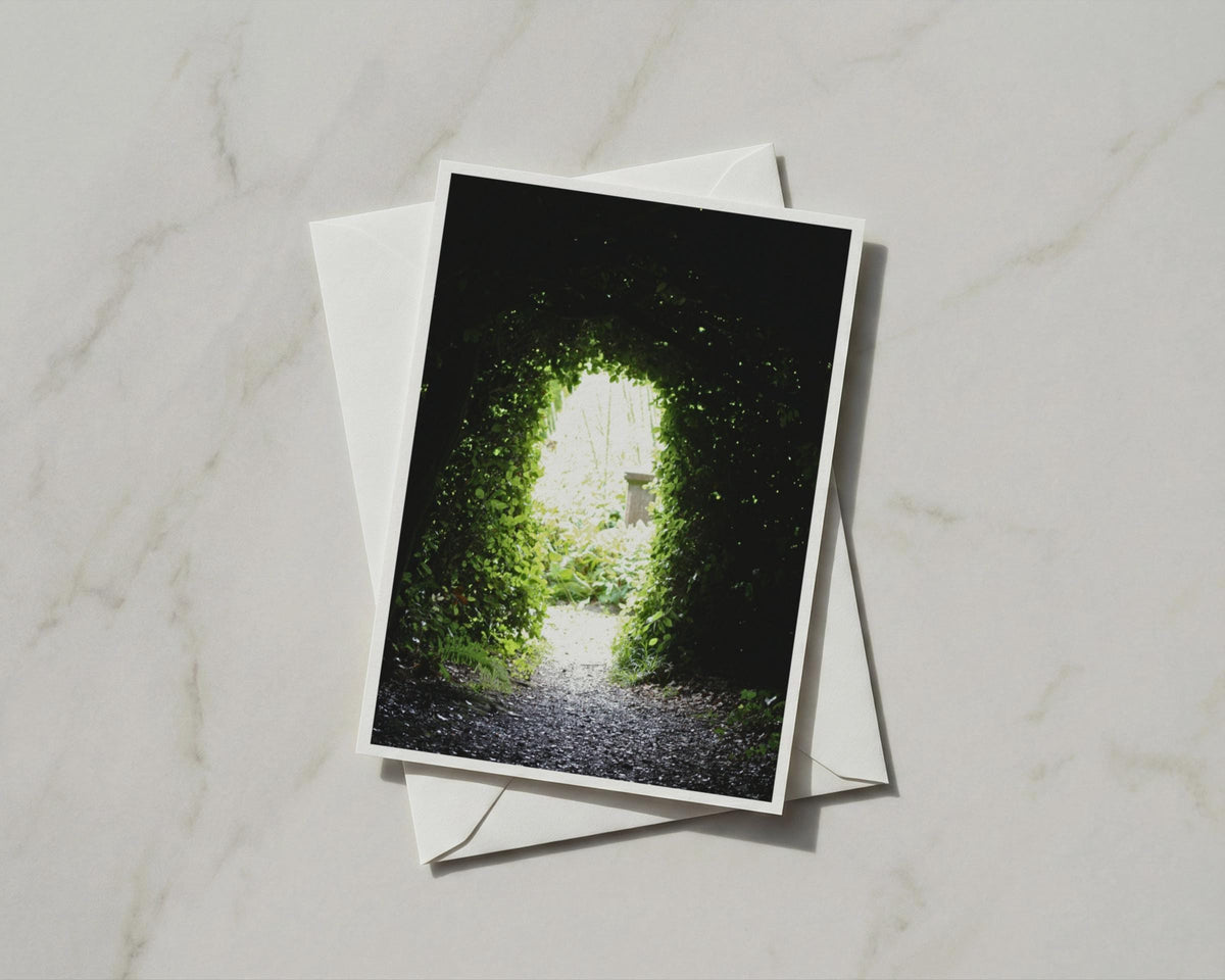 Secret Garden Arch Card, Green Leafy Tunnel, Enchanted Forest Path, Nature Greeting Card