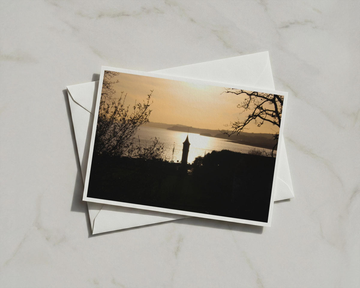 Sunset Silhouette Tower Coastal Landscape Card, Golden Dusk Bay View, A6 Greeting Card