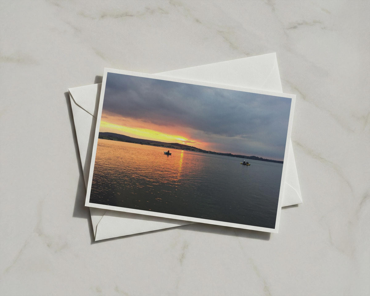 Sunset Landscape A6 Card, Boats on Water at Dusk, Orange Sky Greeting Card