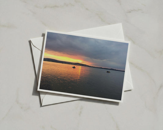 Sunset Landscape A6 Card, Boats on Water at Dusk, Orange Sky Greeting Card