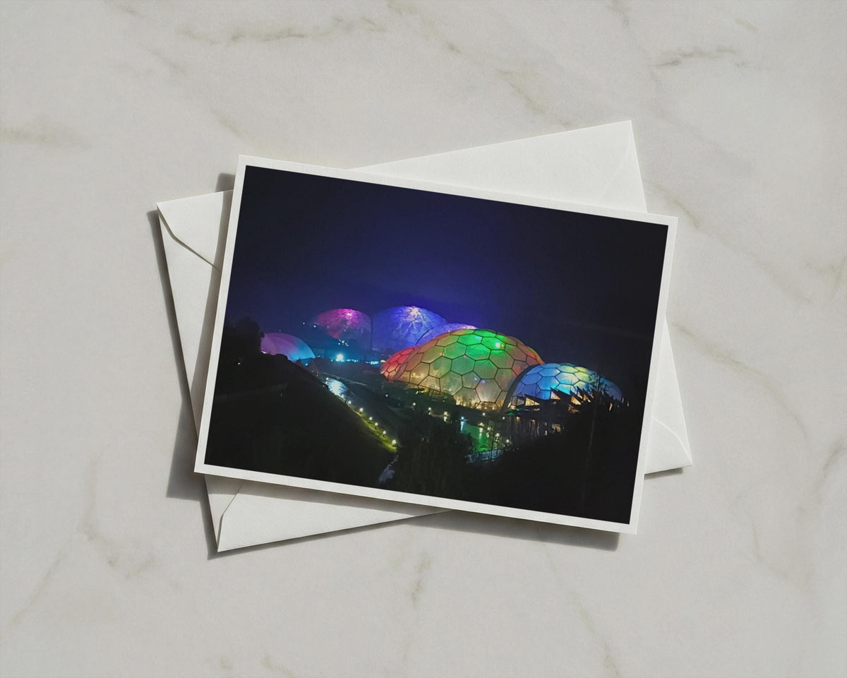 Eden Project at Night Card, Cornwall Biomes, Colourful Lit Domes, A6 Greeting Card