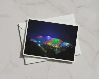 Eden Project at Night Card, Cornwall Biomes, Colourful Lit Domes, A6 Greeting Card