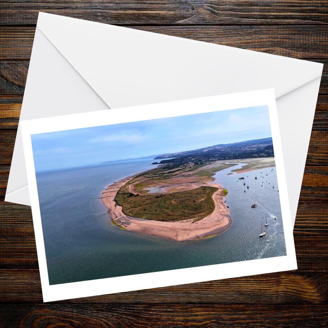 Dawlish Warren sand spit A6 greetings card | Drone photography of Devon and Cornwall coast | Coastal beach nautical blank photo card