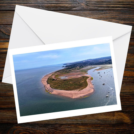Dawlish Warren sand spit A6 greetings card | Drone photography of Devon and Cornwall coast | Coastal beach nautical blank photo card