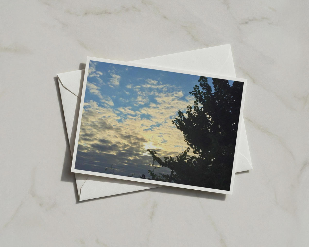 Sunset Sky Card, Tree Silhouette Greeting Card, Dramatic Clouds, Blue Golden Sky