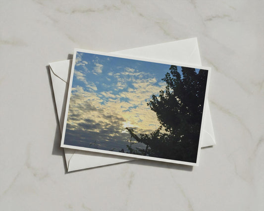 Sunset Sky Card, Tree Silhouette Greeting Card, Dramatic Clouds, Blue Golden Sky