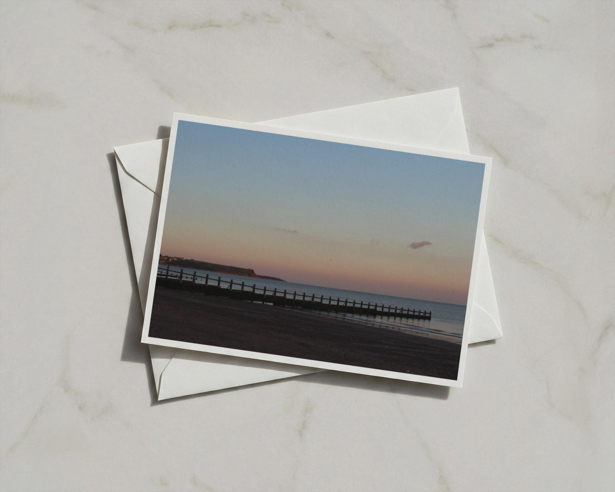 Coastal Sunset Greetings Card, Beach Groyne Dusk Sky, Seaside Dawn Landscape Card
