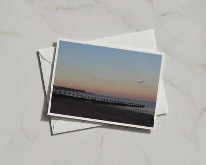 Coastal Sunset Greetings Card, Beach Groyne Dusk Sky, Seaside Dawn Landscape Card