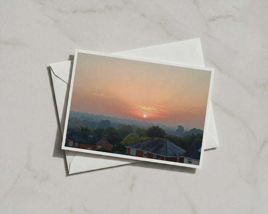 Dawn Sunrise Over English Town Landscape Card, Rooftops Sunset Sky, Peach Orange