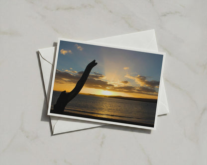 Sunset Beach Card, Driftwood Silhouette Coastal Greetings Card, Golden Sky Sea View