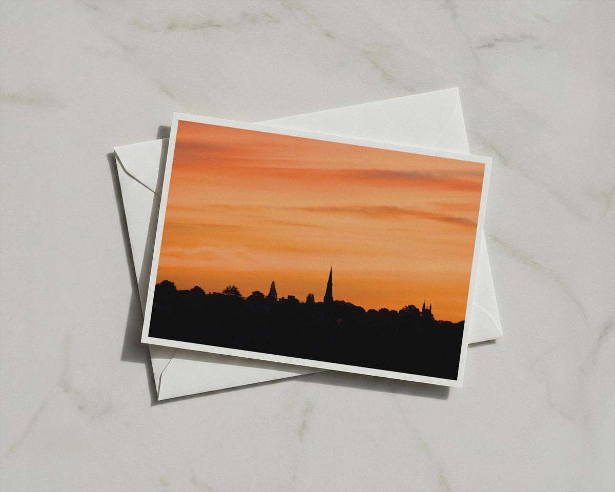 Sunset Skyline Silhouette Card, Church Spire Orange Sky, Dawn Dusk Landscape Greeting Card