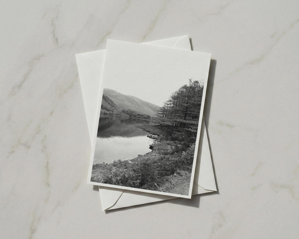 Lake District Trees Card, Black White Lake Mountain Landscape, Monochrome Nature A6 Card