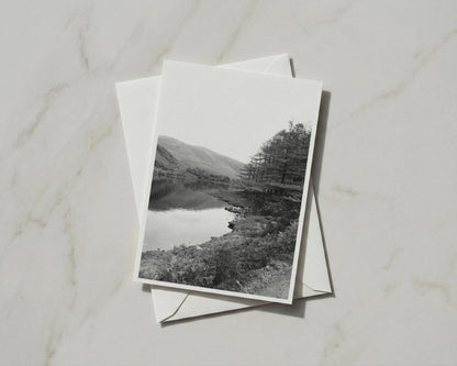 Lake District Trees Card, Black White Lake Mountain Landscape, Monochrome Nature A6 Card