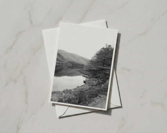 Lake District Trees Card, Black White Lake Mountain Landscape, Monochrome Nature A6 Card