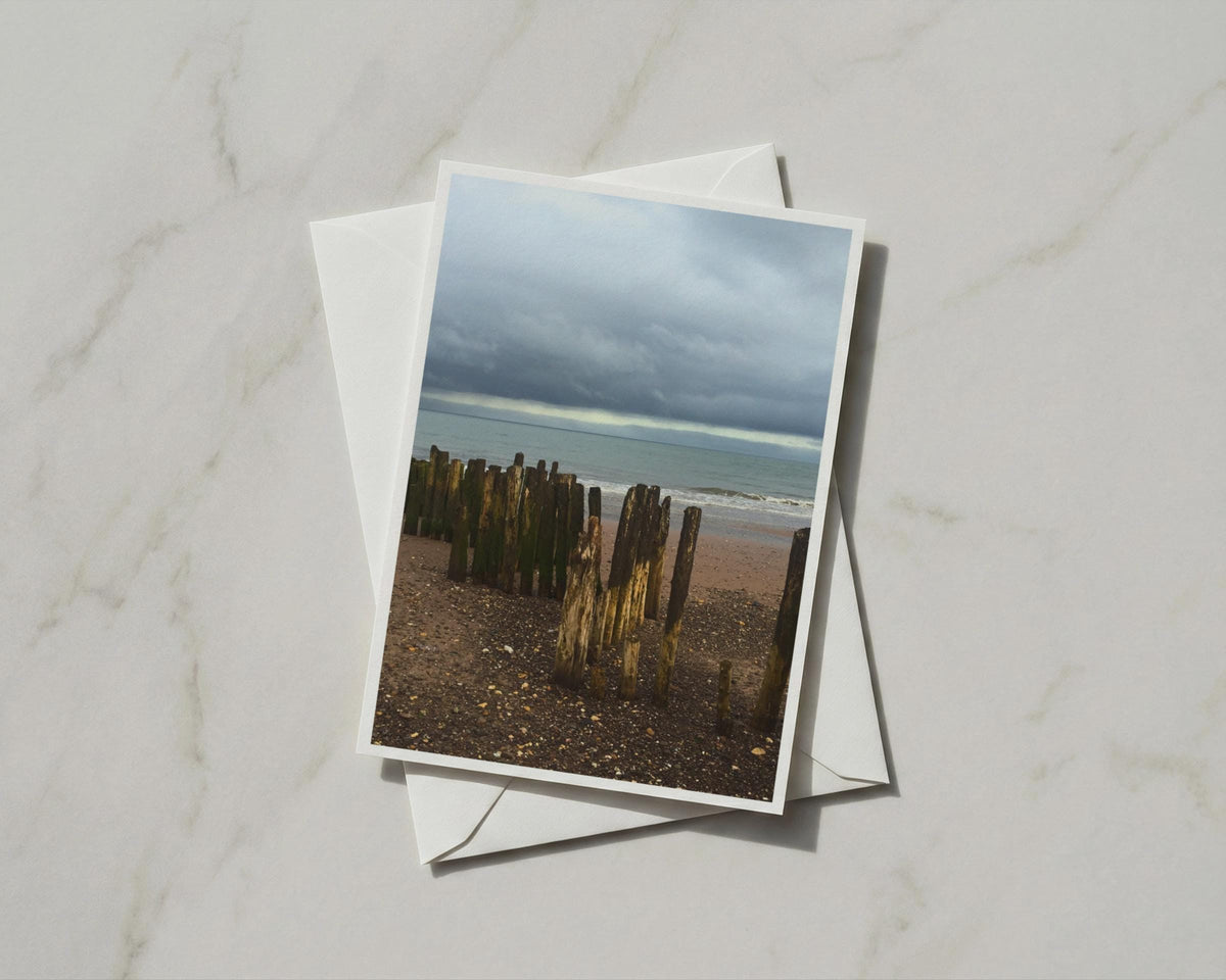Coastal Groyne Beach Card, Moody Seaside Photo, Stormy Sky Sea, British Coast Gift