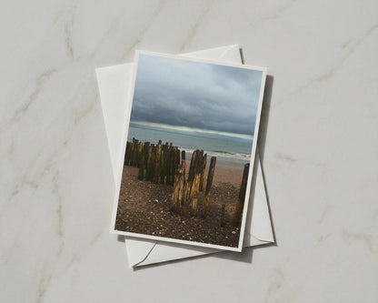 Coastal Groyne Beach Card, Moody Seaside Photo, Stormy Sky Sea, British Coast Gift