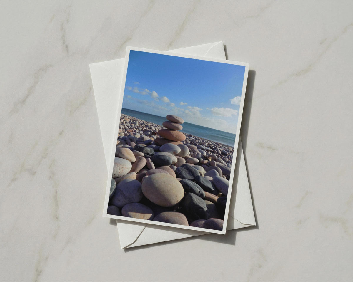 Pebble Stack Beach Card, Coastal Zen Stone Cairn, Seaside Pebbles, Blank Inside A6 Card
