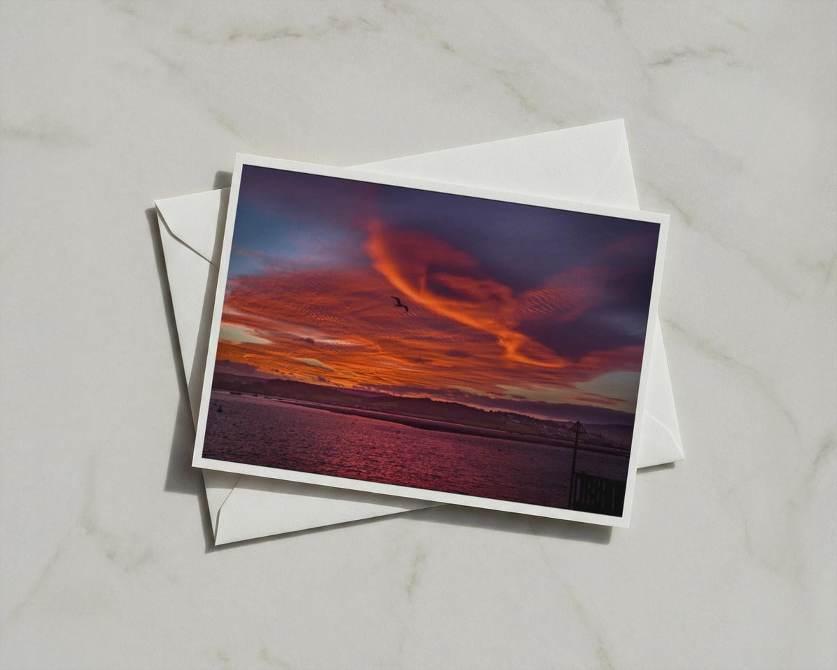 Dramatic Sunset Sky Coastal Card, Fiery Orange Seascape, Seagull Silhouette Greeting Card