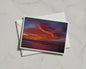 Dramatic Sunset Sky Coastal Card, Fiery Orange Seascape, Seagull Silhouette Greeting Card
