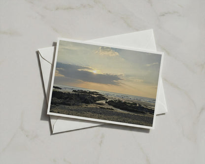 Sunset Beach Landscape Card, Coastal Rocky Shore at Dusk, Seaside Greeting Card A6