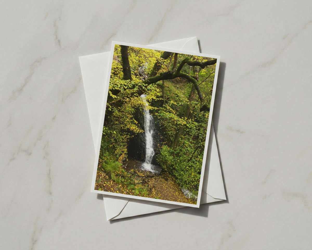 Autumn Woodland Waterfall Card, Forest Trees Nature Greeting Card, A6 Card