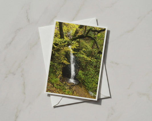 Autumn Woodland Waterfall Card, Forest Trees Nature Greeting Card, A6 Card