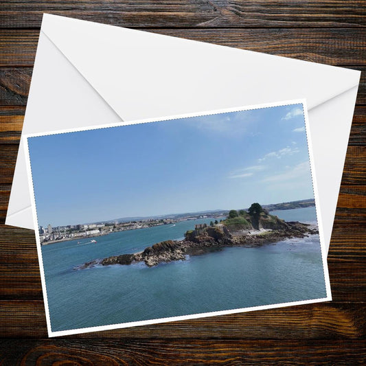 Drake's Island Fortress Panorama A6 Landscape Greeting Card, Naval Fort, Folklore, Ghostly Sightings, Harbour View, Maritime Landmark