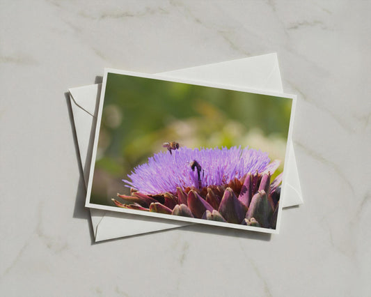 Bee on Artichoke Flower Card, Purple Botanical Garden Wildlife A6 Greeting Card