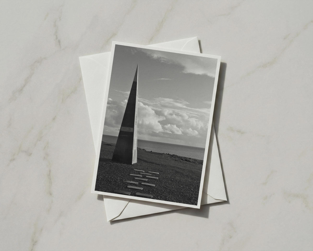Coastal Obelisk Monument Card, Black and White Seaside Photography, Moody Sky Ocean