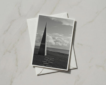 Coastal Obelisk Monument Card, Black and White Seaside Photography, Moody Sky Ocean