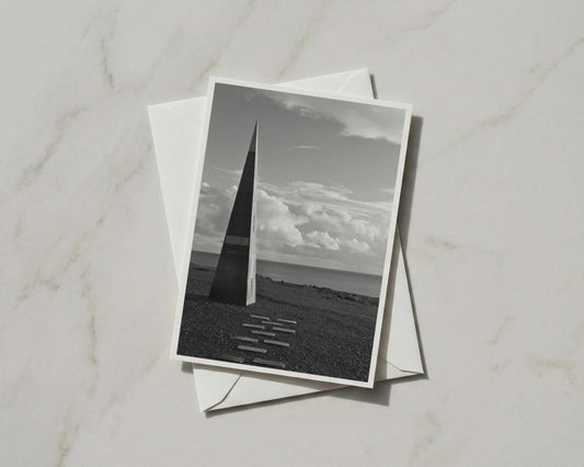 Coastal Obelisk Monument Card, Black and White Seaside Photography, Moody Sky Ocean
