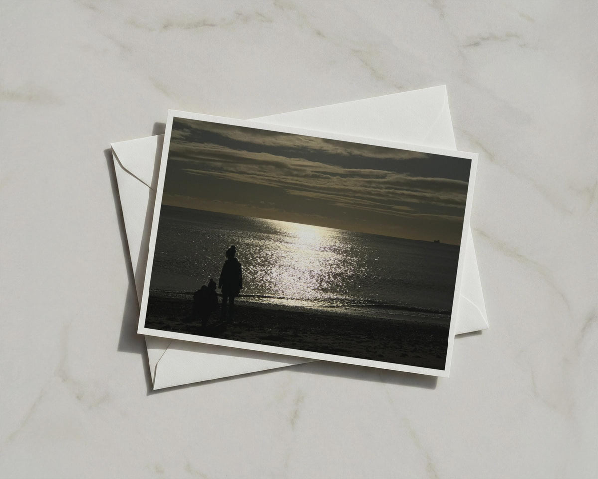Dawn Dusk Beach Silhouette Card, Coastal Sunset Sea View, Moody Landscape Greeting Card